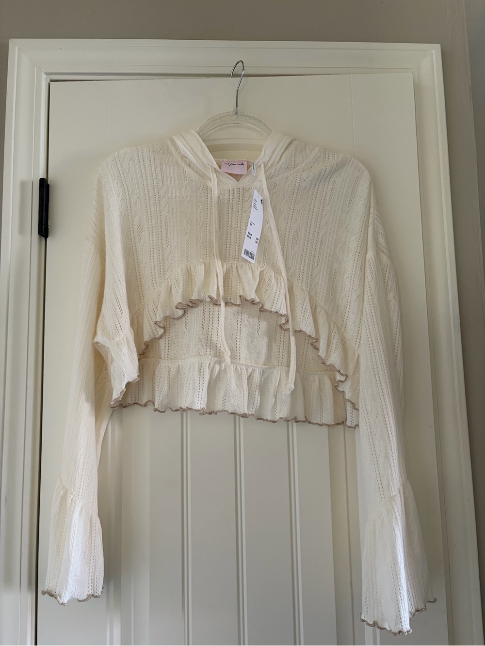 Free People Cream Ruffle Cropped Hoodie and Shorts Set